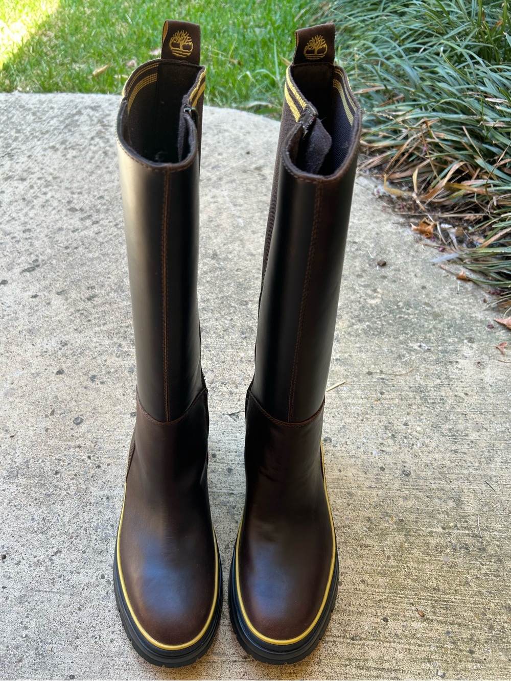 Timberland Brown Leather Tall Boots with Yellow Accent